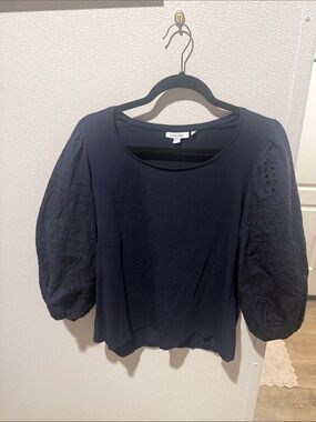 Chico's Navy Puff-Sleeve Embroidered Blouse